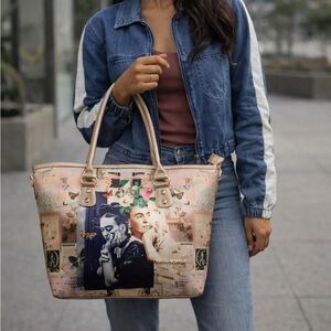Large Shopper Tote Bag Frida Kahlo Mexican Folk Art Pink Gold